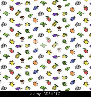 Fantasia senza cuciture di frutta e verdura colorate. Comprende fragole, melanzane, uva, avocado, funghi, e molto altro ancora Illustrazione Vettoriale