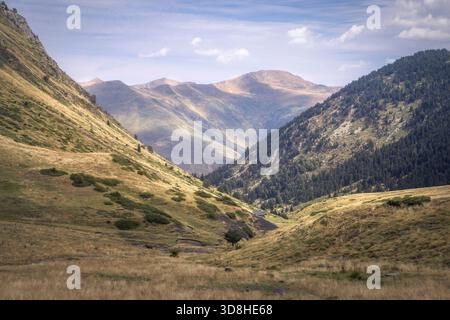 Le lussureggianti vallate verdi e le torreggianti montagne creano una scena mozzafiato a Vall d'Aran, in Catalogna. Foto Stock