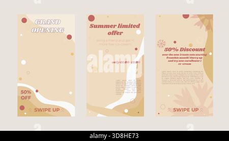 Set di 3 striscioni promozionali per gelateria con sconti, offerte stagionali e testo di apertura. Ideale per social media, annunci digitali e mercato dei dessert Illustrazione Vettoriale