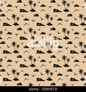 Motivo tropicale minimale senza cuciture con palme, uccelli volanti e nuvole sullo sfondo beige. Perfetto per stampe estive in tessuto e confezioni da spiaggia Illustrazione Vettoriale