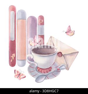 Set da tè in ceramica, farfalle, busta vintage, libri. Illustrazione ad acquerello dipinta a mano isolata su bianco per stampa, poster, invito, caffè Foto Stock