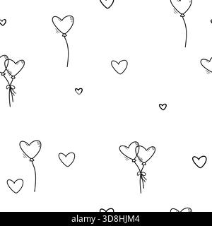 Cuori, bollature, schizzi in bianco e nero, disegno semplice. Illustrazione vettoriale. Il motivo del bordo senza cuciture è isolato su uno sfondo bianco. Matrimonio Illustrazione Vettoriale