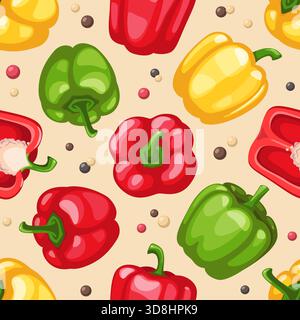 Peperone senza cuciture. Verdure intere ripetute e metà con semi, gusto dolce, tessuto rosso, giallo e verde, carta da imballaggio, carta da parati Illustrazione Vettoriale