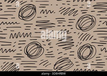 Tracciati a mano neri e segni di schizzo su un morbido sfondo beige in un design senza cuciture. Illustrazione Vettoriale