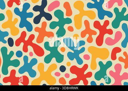 Brillanti e vivaci macchie multicolore in stile Memphis organico su sfondo beige luminoso e senza cuciture. Illustrazione Vettoriale