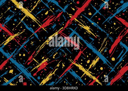 Sfondo nero senza cuciture con spruzzi di vernice rosso, giallo e blu e tratti di pennello nella griglia. Illustrazione Vettoriale