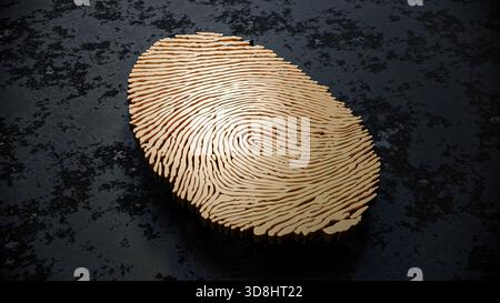 Elegante cartello con impronte digitali 3D Gold che rappresenta Cyber Security, Biometrics e Personal Identity Foto Stock