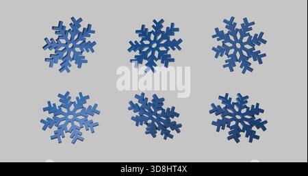 Collezione Modern Blue Snowflakes 3D su sfondo chiaro – elementi di design per le vacanze Foto Stock