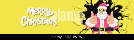 Babbo Natale scoppia su uno sfondo giallo tenendo i pollici in alto. Banner pubblicitario natalizio per le vendite natalizie. Illustrazione Vettoriale
