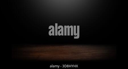 Mockup di presentazione del prodotto caratterizzato da un piano in legno marrone scuro o da una superficie del pavimento nella parte inferiore, illuminata da un faretto dall'alto, agains Foto Stock