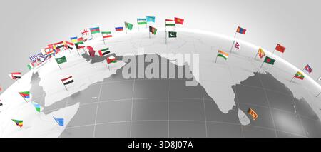Asia - confini e bandiere dei paesi - illustrazione 3D. Foto Stock