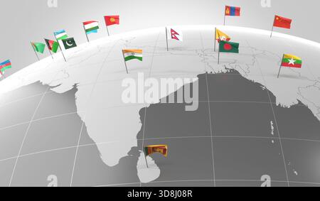 Asia - confini e bandiere dei paesi - illustrazione 3D. Foto Stock