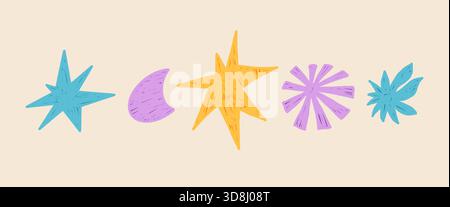 Gesso bambini stelle elementi geometrici a doodle forme. Giocoso asterisco dell'asilo, stelle, elementi astratti. Personaggi adesivi vivaci e colorati, p Illustrazione Vettoriale