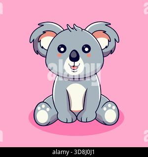 Carino personaggio dei cartoni animati Baby Koala seduto su sfondo rosa Vector Illustration Cartoon Kawaii Illustrazione Vettoriale