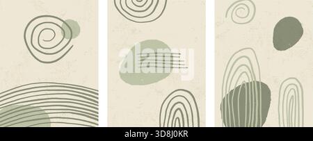 Set di arte boho Olive Wall. Set di poster per scarabocchi con curve e archi. Decorazioni in stile japandi astratto. Geometria vettoriale e forme organiche sfondo zen. Illustrazione Vettoriale