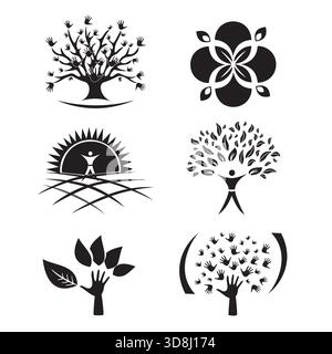 Set di sei icone corpo con foglie e disegno vettoriale elementi a lamelle in bianco e nero Illustrazione Vettoriale