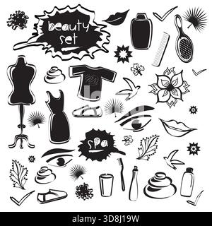 Set di oggetti di bellezza oggetti elementi icone con spa, Doodles moda in bianco e nero - illustrazione di design vettoriale da opere d'arte disegnate a mano Illustrazione Vettoriale