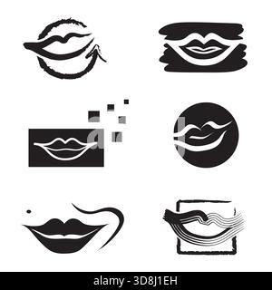 Set di sei Ilustrations Icon bocca e labbra per Logo Design Vector in bianco e nero Illustrazione Vettoriale