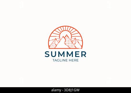 Mountain Summer Badge Logo minimalista Nature Linear Sunrise Outdoor Camp Adventure Business Illustrazione Vettoriale