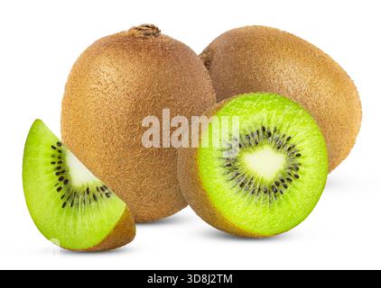 Kiwi maturi, metà e fetta isolati su sfondo bianco Foto Stock