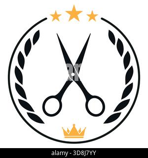 Emblema del design con logo Barber shop. Cartello per parrucchiere su sfondo bianco. Illustrazione Vettoriale