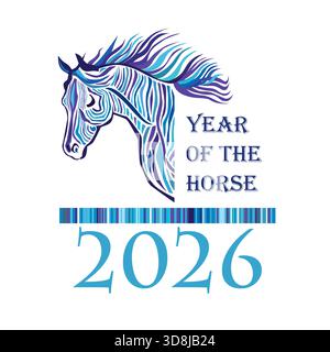 Poster di buon anno per il 2026. L'anno del cavallo secondo il calendario cinese. Pittura della testa di cavallo. Disegno di animali selvatici Illustrazione Vettoriale
