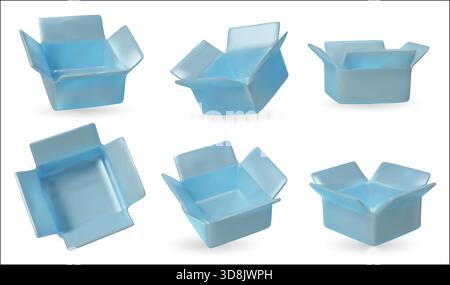 Set di confezioni regalo aperte blu lucide in diverse angolazioni, perfette per il design di packaging di lusso, il branding, i mockup e le promozioni natalizie. Illustrazione Vettoriale