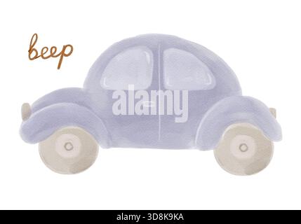 Macchinina giocattolo viola con scritta bip. Acquerello disegnato a mano con stile rapido di schizzo. Clipart isolato per disegni per bambini, stampe per vivaio, adesivi, poster Foto Stock