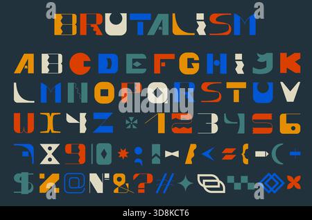Tipo di carattere moderno con simboli e segni di punteggiatura. Lettere e numeri latini in stile minimalista geometrico brutale. Illustrazione Vettoriale