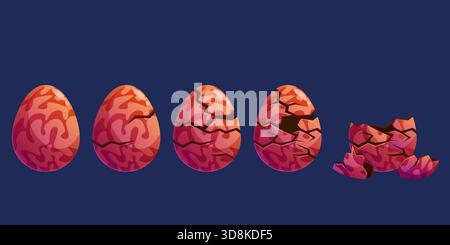Uovo di drago rotto. Uova miste con crack sul guscio. Dal guscio intero al guscio d'uovo incrinato, processo passo dopo passo. Drago che schiude il rettile di dinosauro sapid vettore Illustrazione Vettoriale