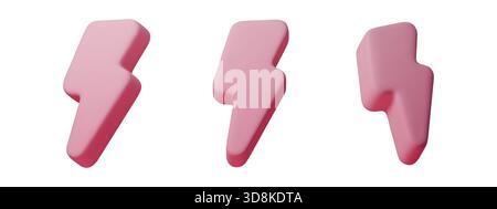 icona del fulmine 3d rosa opaco con semplice forma solida. Questo simbolo a forma di bullone rosa è perfetto per l'energia, l'azione rapida, la grafica tecnologica e il design y2k. Isolato Illustrazione Vettoriale
