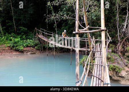 Spettacolare cascata Lapopu sull'isola di sumba in indonesia, sentiero escursionistico per la cascata circondato da lussureggiante vegetazione tropicale, sentiero per il ponte di bambù Foto Stock
