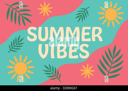 Design vettoriale disegnato a mano che mostra energia estiva positiva con icone del sole e foglie tropicali Illustrazione Vettoriale