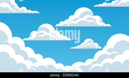 Nuvole bianche stilizzate che fluttuano su uno sfondo blu brillante del cielo dei cartoni animati. Illustrazione Vettoriale