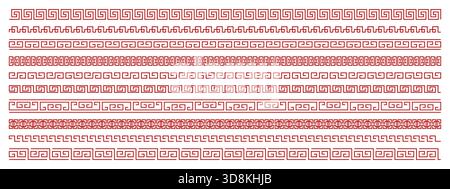Set di cornici cinesi, collezione di bordi con motivo asiatico rosso su sfondo isolato, motivo cinese senza cuciture con tratti modificabili, decorazione geometrica, Illustrazione Vettoriale