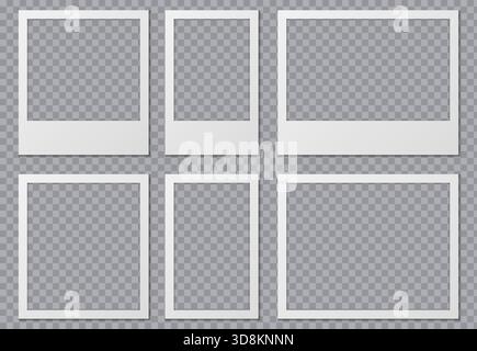 Set di cornici fotografiche istantanee vuote con ombre realistiche. Ideale per la creazione di collage, mockup fotografici e progetti di grafica. Cornici istantanee minime per progetti fotografici, design digitale e composizioni visive. Illustrazione Vettoriale