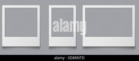 Cornici fotografiche vuote realistiche con ombre morbide su sfondo trasparente, adatte per mockup, presentazioni e grafica digitale. Cornici fotografiche bianche vuote con ombre realistiche su uno sfondo trasparente, ideali per l'uso di modelli e progetti grafici. Illustrazione Vettoriale