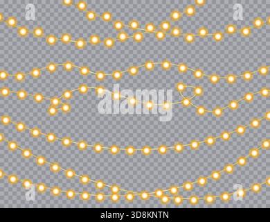 Decorazione realistica di luci a corde con isolamento su sfondo trasparente, perfetta per il Natale, la festa o la festa. Luci fatate sfondo trasparente. Luci di Natale isolate. Giallastro incandescente. Luci a corda per feste pg. Calda illuminazione natalizia. Illustrazione Vettoriale