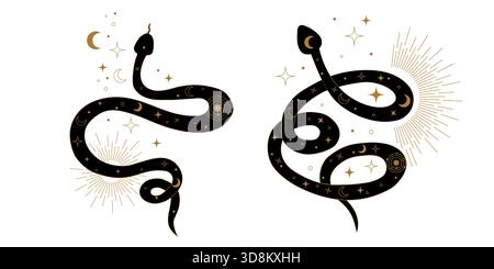 Serpente Kundalini con motivi geometrici sacri che rappresentano la crescita spirituale e la vitalità. Serpenti mistici disegnati in stile astratto simbolico Illustrazione Vettoriale