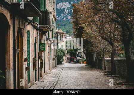 Una tranquilla strada acciottolata a Valldemossa, Maiorca, fiancheggiata da facciate in pietra, persiane verdi e piante in vaso. Questa scena cattura il fascino senza tempo Foto Stock
