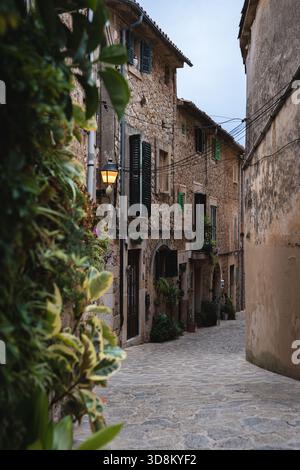 Una tranquilla strada acciottolata a Valldemossa, Maiorca, fiancheggiata da facciate in pietra, persiane verdi e piante in vaso. Questa scena cattura il fascino senza tempo Foto Stock
