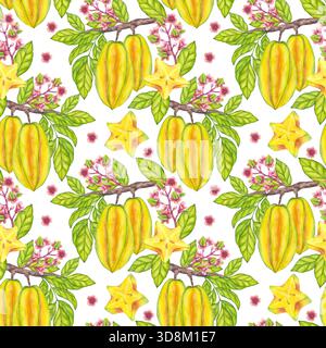 Motivo senza cuciture con ramoscello d'albero in fiore sospeso Starfruit, foglie verdi. Carambola o Bilimbi alla frutta tropicale gialla. Stella esotica botanica Foto Stock