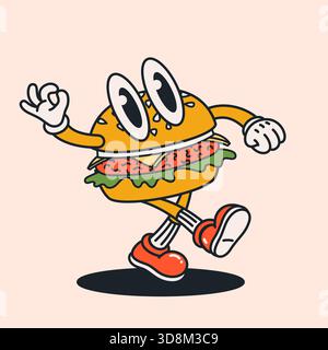 Hamburger retrò con un volto giocoso e un'estetica stravagante degli anni '70, illustrazioni di cibi vintage per adesivi, marchi di fast food, adesivi e. Illustrazione Vettoriale