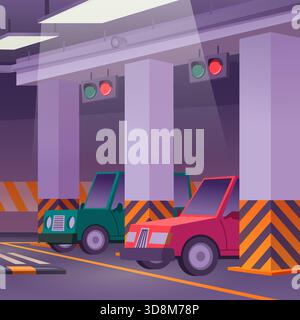 Parcheggio. auto in piedi in un parcheggio sotterraneo. sfondo del cartone animato vettoriale Illustrazione Vettoriale