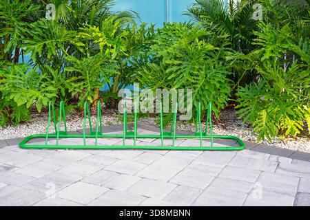 Un portabiciclette verde è pronto su lisce lastricatrici di pietra, incorniciate da una lussureggiante parete di vibrante vegetazione verde sullo sfondo. Foto Stock