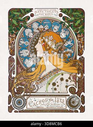 Poster litografico a colori di Alphonse Mucha per promuovere il "Cachou de luxe", il nuovo profumo Breath di Carmichael Luxuria Bath Tablets, un cosmetico Foto Stock