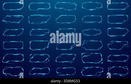 Moderna interfaccia HUD con cornici tecnologiche digitali e didascalia blu brillante Illustrazione Vettoriale