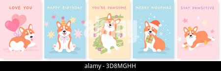 Poster di Corgi. Cartoline positive con cuccioli, adorabili striscioni per cani. Biglietti per il giorno di compleanno, natale, san Valentino. Divertenti modelli vettoriali corgis racy Illustrazione Vettoriale