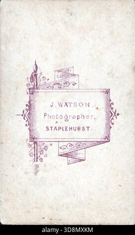 Un'impronta ornamentale per J. Watson di Staplehurst, stampata in inchiostro viola e incorniciata da scrollwork decorativi. Il layout ricorda uno striscione, con lettere stilizzate e decorazioni simmetriche. Il design riflette le convenzioni di branding della fine del XIX secolo per gli studi di ritrattistica regionali. Da un album fotografico del tardo vittoriano a quello del primo edoardiano, che presentava molte carte di albume e carte de visites, fornendo una finestra sugli stili e le mode dell'epoca. Foto Stock