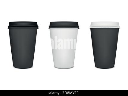 Set tazze da caffè in carta bianca e nera. Tre modelli da tazza da caffè, tazza da caffè nera e tazza da caffè bianca con coperchi, tazza da caffè in carta monouso Illustrazione Vettoriale